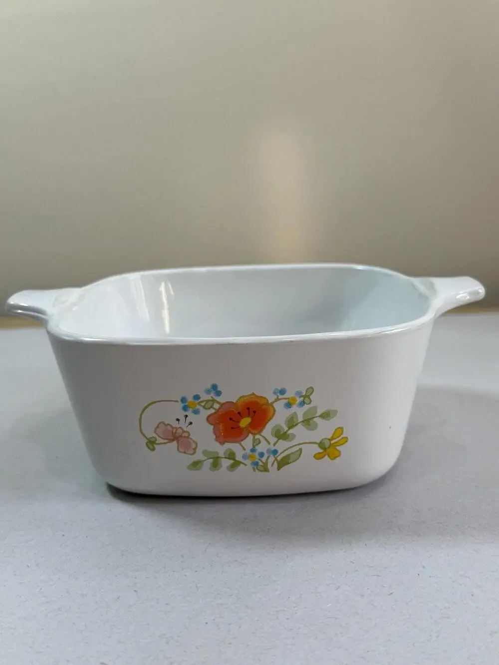 Vintage White Ceramic Mini Casserole Dish Orange Poppy Blue Floral Butterfly